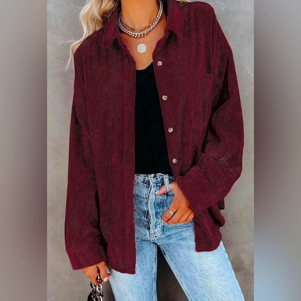 Women's solid color corduroy casual shirts,loose fit long sleeve shirts.